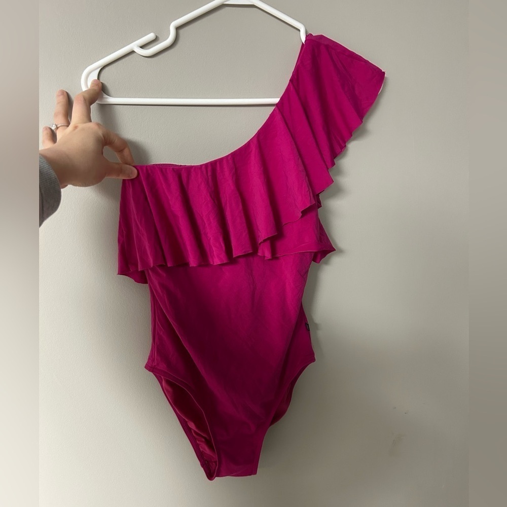 La Vie En Rose Aqua Pink One Shoulder Ruffled Bathing Suit